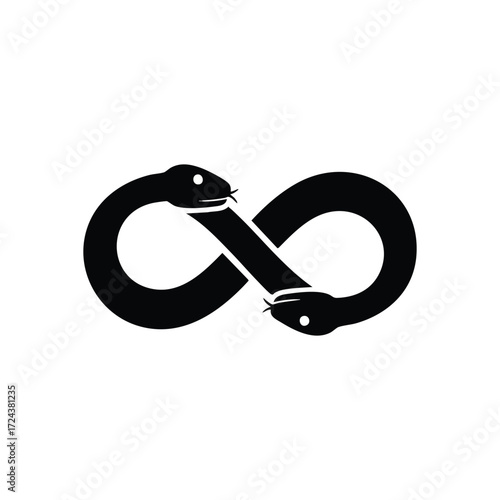 Ouroboros Infinity Serpent Emblem. Black reptile icon representing continuous cycles and eternal return. This ancient mythical creature symbolizes perpetual recreation and unity.