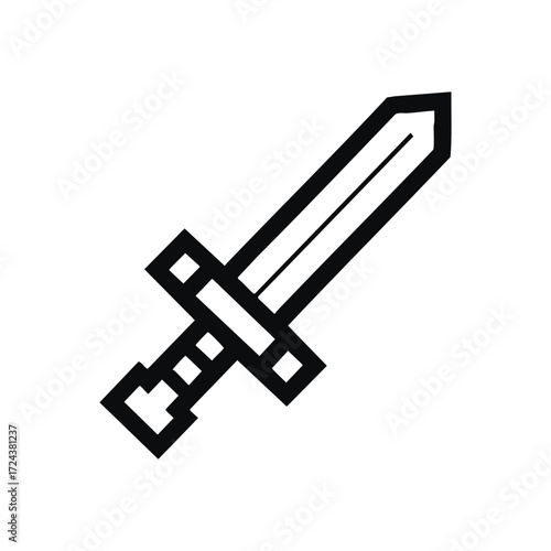 Pixel Art Gaming Sword Icon. Clean graphic illustrating a classic virtual realm weapon. This simple blocky design embodies power, challenge, and heroic journeys in digital adventures.