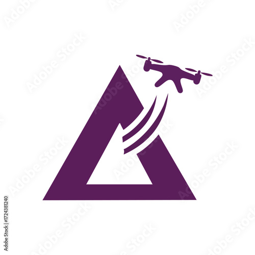 Aerial Drone Launch from Geometric Shape. A modern quadcopter initiates flight from an abstract emblem. This design represents technological advancement, digital connection, and efficient delivery.