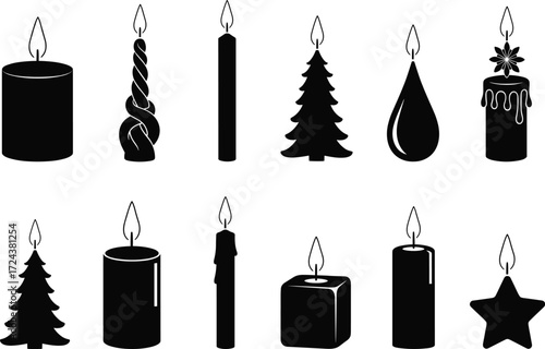 Black silhouette candle icons, Christmas tree candle, twisted wax flame, festive decor vector set, holiday illustration, burning wax shapes, decorative clipart