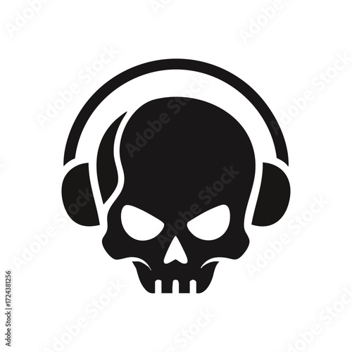 Edgy Skull Headphones Vector Icon. A stylized human cranium adorned with audio headgear. This graphic represents intense sonic passion, rebellious spirit, or a unique DJ persona.