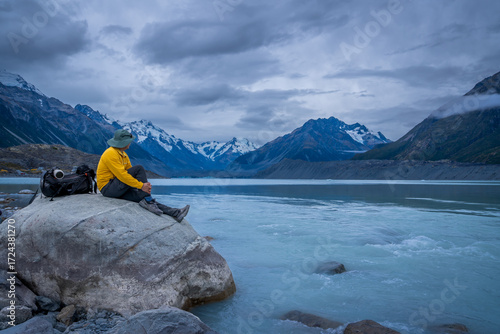trekking rout where we can see turquoise lake ,snow cap mountain , Glacier ,iceberg ,beautiful Aoraki mt. Cook Hooker Valley track and Tasman lake glacier South Island New Zealand 