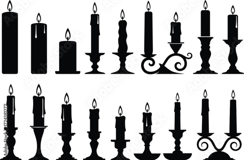 Candle silhouette collection, vintage candlestick vector set, burning wax icons, decorative flame elements, elegant candlelight design, black isolated illustration bundle