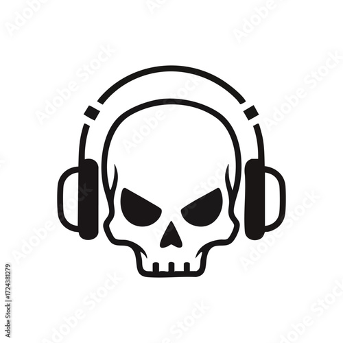 Edgy Skull Wearing Headset Icon. A stylish cranium graphic featuring audio devices. This bold symbol represents intense sound, rebellious spirit, cool vibes, and a dangerous attitude.