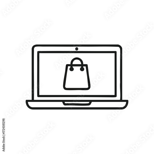Online Shopping Laptop Symbol. Sketch drawing shows a shopping bag on a portable computer monitor. This icon represents convenient digital commerce and seamless transactions.