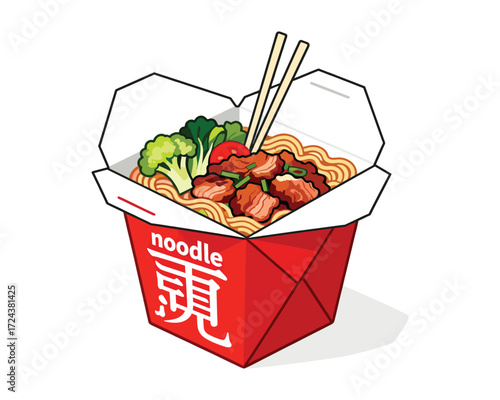 Noodle Box Delight: A vibrant and inviting illustration of a red takeaway box filled with delicious noodles, garnished with broccoli, and a pair of chopsticks, a perfect image for any food lover.