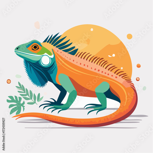 Vibrant Orange And Green Iguana Illustration Against A Yellow Sun