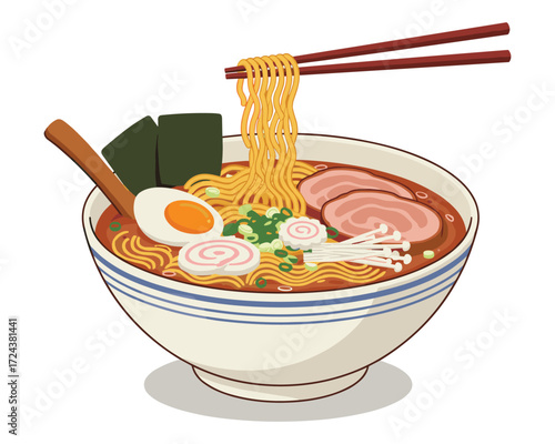 Ramen Noodle Delight: An appetizing depiction of a steaming bowl of ramen, filled with rich broth, tender noodles, and an assortment of colorful toppings.