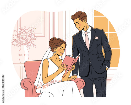 Wedding Day Reading: A tender illustration captures a bride reading a book while her groom gazes at her lovingly on the wedding day, highlighting themes of love and connection.