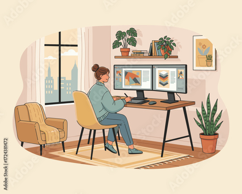 Digital Design at Home: A digital artist, immersed in creativity, refines her work with a stylus, at her home office, embracing the synergy of technology and art.