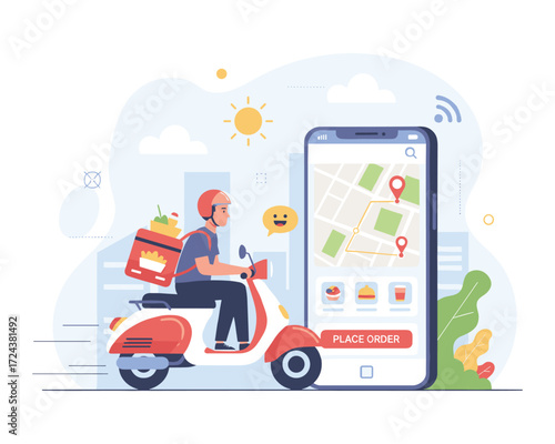 Delivery Service in Action: A dynamic vector illustration capturing a delivery person on a scooter, seamlessly integrated with a mobile app interface. showcasing ease and innovation.