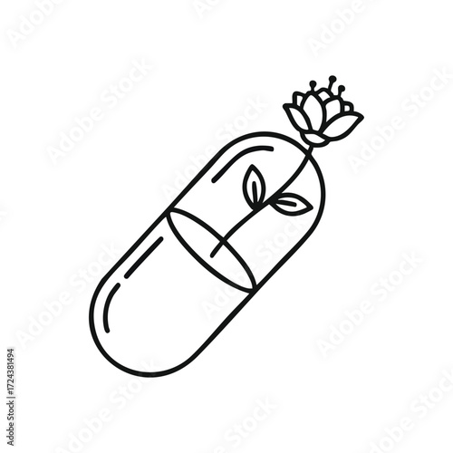 Herbal Medicine Growth Capsule. This elegant illustration signifies organic remedies and holistic well-being. A blossom emerging from a tablet suggests botanical healing.