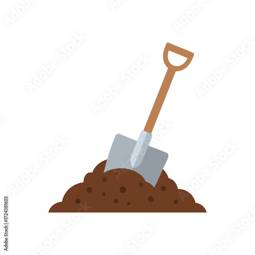 Garden Spade in Earth Pile. Vibrant illustration of a digging implement firmly placed in a rich brown soil heap. Symbolizes growth, outdoor projects, and agricultural endeavors.