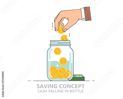 Saving Concept: A hand carefully deposits a stream of gold coins into a transparent glass jar, signifying a dedicated act of accumulating wealth and fortifying future savings. 