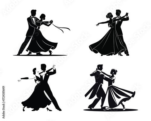 Elegant Dance Duo Silhouette: A collection of refined silhouettes showcasing couples gracefully waltzing, a timeless emblem of romance and rhythmic artistry.