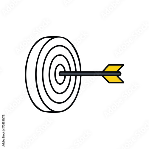 Bullseye Target Perfect Hit. Graphic of an archery board struck directly in the center by a dart. This image represents successful accomplishment, precise execution, and achieving objectives.