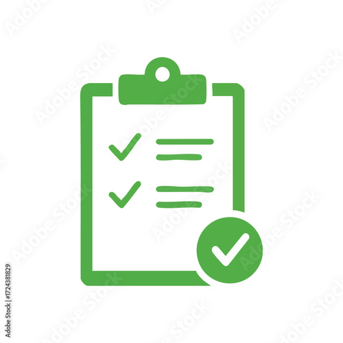 Green Checklist Clipboard Mark. This vibrant icon signifies accomplished tasks and successful project completion. It conveys approval, efficiency, and accurate verification.