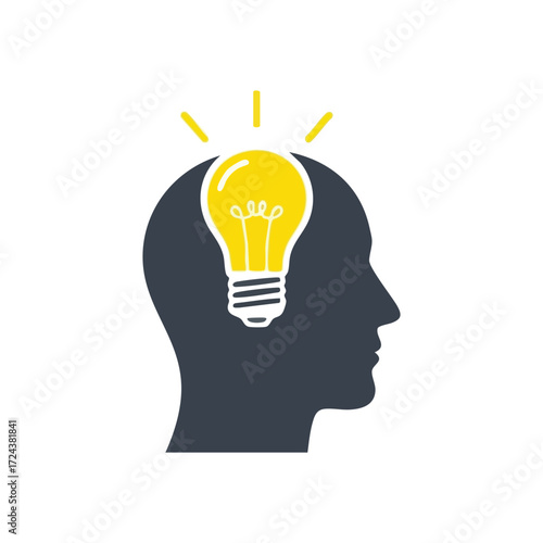 Brilliant Idea in Human Mind. An abstract illustration featuring a glowing bulb within a person's profile, symbolizing innovation, sudden insights, and problem solving. Represents deep cogitation.