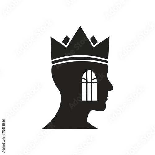 Crowned Mind Inner Insight View. This graphic portrays a regal individual's profile containing a framed opening. It represents self-reflection, restricted outlook, or profound cerebral awareness.