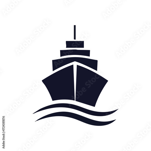 Ocean Vessel Icon Cruise Ship Symbol. Modern graphic of a sailing boat on water. Represents voyages, adventure, logistics, and marine transport. Ideal for navigation or travel concepts.