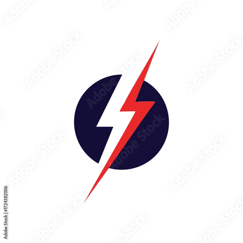 Vivid Lightning Bolt Energy Icon. Striking red and white electrical flash intersecting a dark blue circle, representing speed, innovation, and potent vigor.