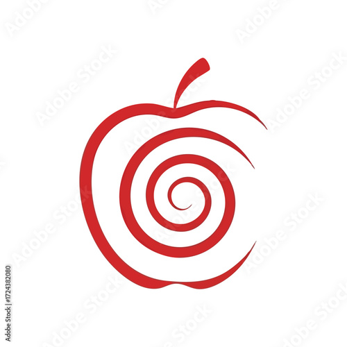 Modern Red Apple Spiral Design. A vibrant crimson fruit outline features an intricate swirl, symbolizing core knowledge, growth, and evolving ideas. Sleek graphic representation.