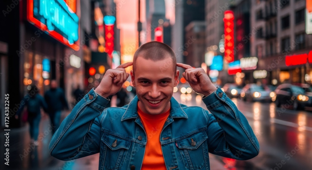 Obraz premium Young caucasian man smiling with short hair against blurred city lights. Male in blue denim jacket showing shaved head hair. Hair beauty.