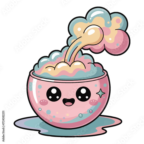Cute kawaii bath bomb fizzing , flat cartoon vector, pastel color, white background, transparent background