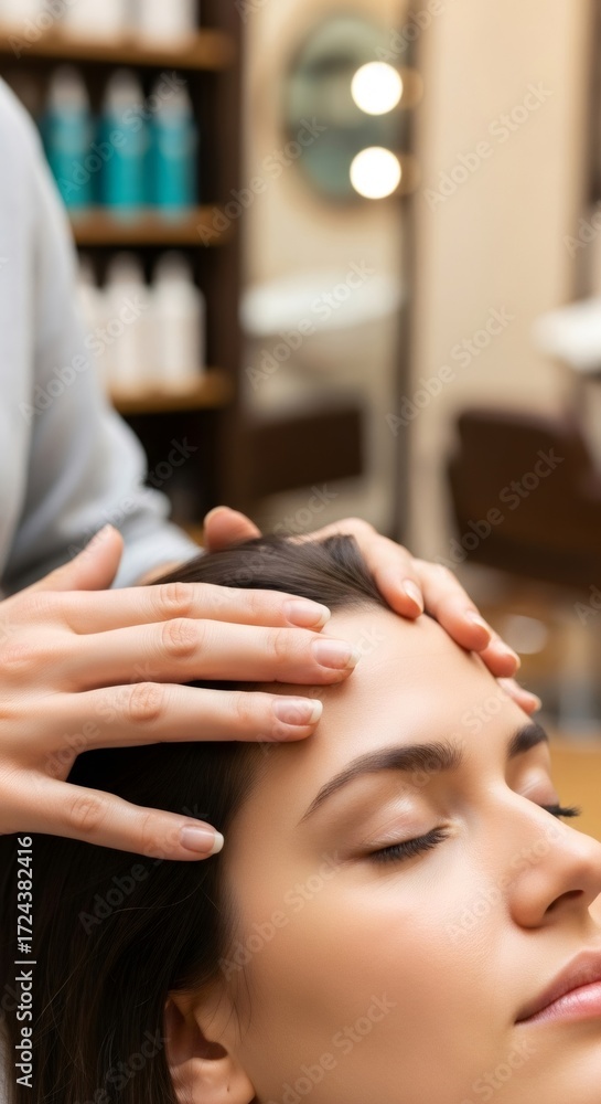 Fototapeta premium Woman client receiving professional scalp care by cosmetologist. Dark-haired woman having hair salon treatment. Hair problem and growth concept.