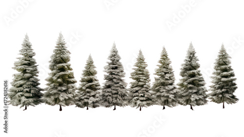 A row of flocked pine trees isolated on transparent background
