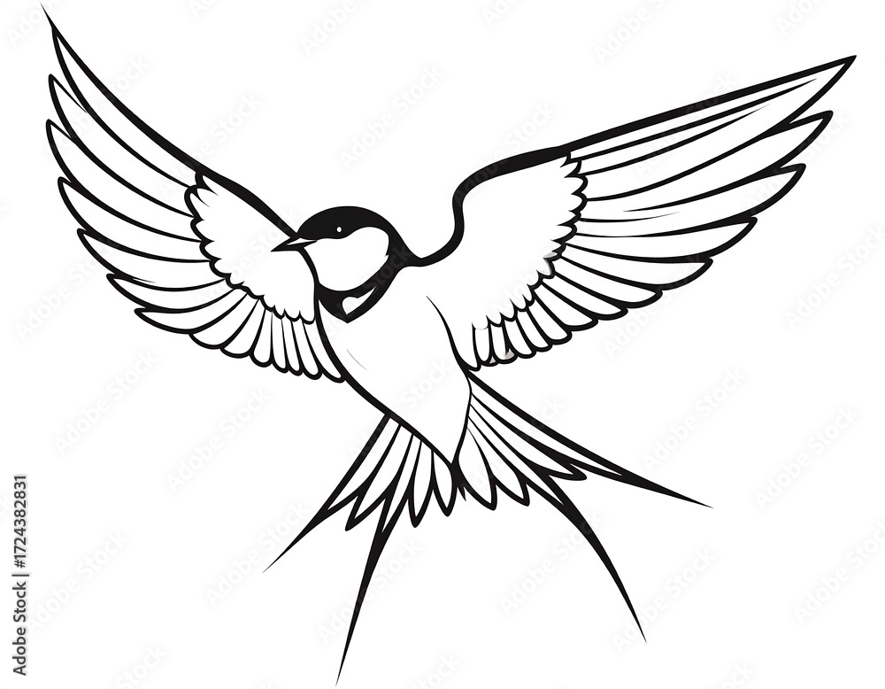 Naklejka premium Black and white stylized illustration of a bird in flight