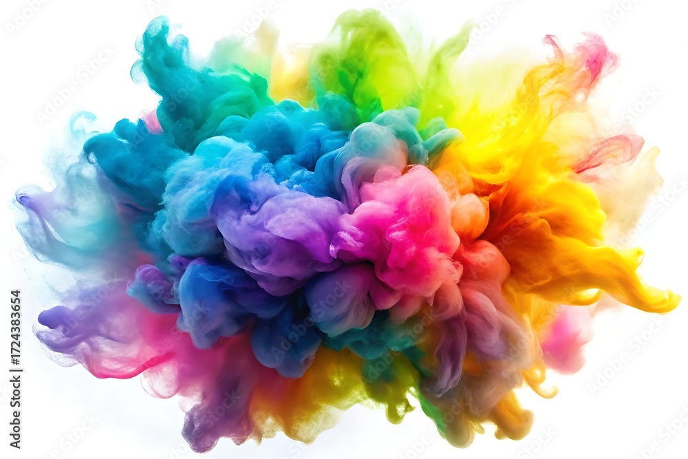 Fototapeta premium Vibrant rainbow watercolor explosion with pink blue yellow orange and green splashes isolated on a transparent background