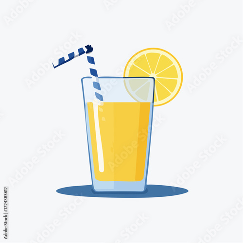 Refreshing Yellow Lemonade Drink in Glass with Lemon Slice and Striped Straw