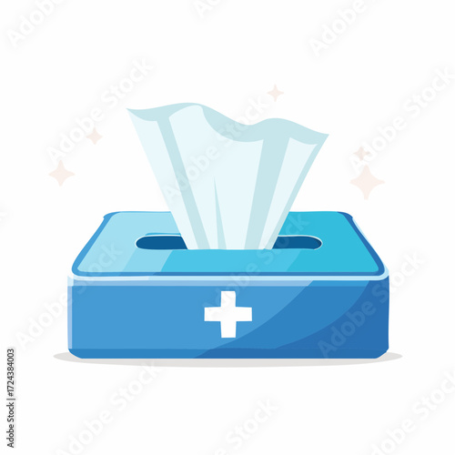 Blue Tissue Box with White Tissues and Plus Symbol
