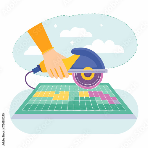 Hand Using Circular Saw to Cut Colorful Tiles on Green Surface