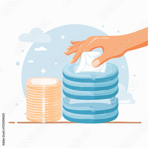 Hand Reaching for Facial Tissue in Pastel Blue Dispenser