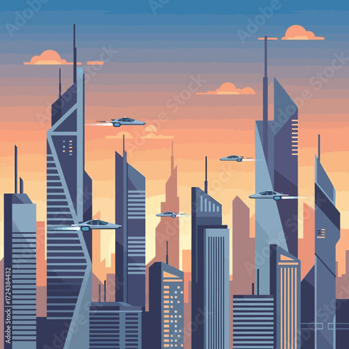 Futuristic city skyline at sunset with flying vehicles.