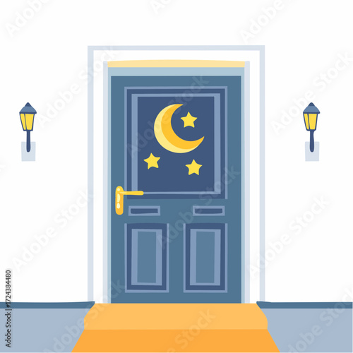 Blue Door with Moon and Stars Design