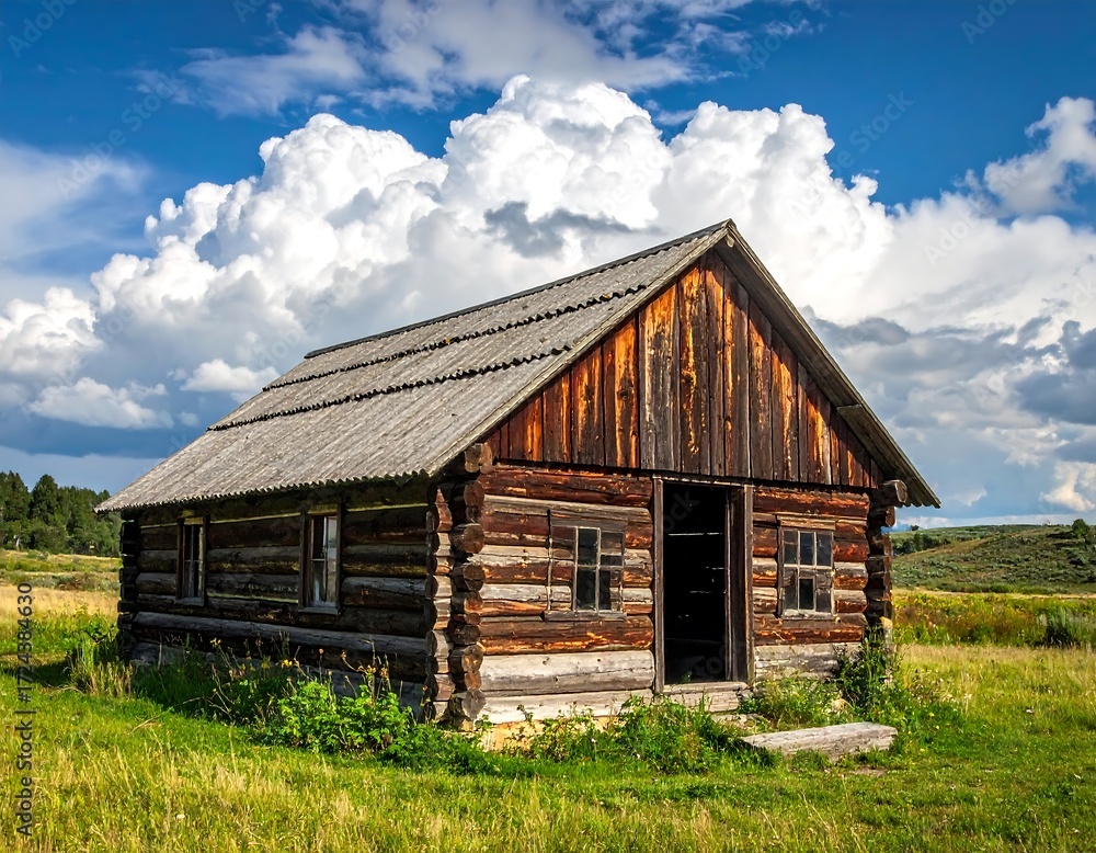 Obraz premium Rustic wooden house under a dramatic sky