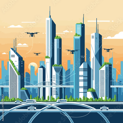 Illustration of a futuristic cityscape with skyscrapers, drones, and transportation systems.