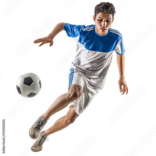  Full-Body Shot of Young Male Soccer Player in White and Blue Jersey Kicking Ball on White Background