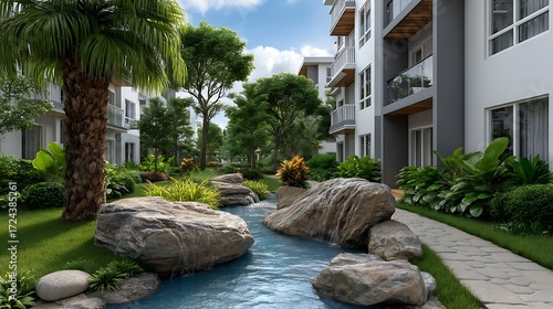 Fototapeta Naklejka Na Ścianę i Meble -  Condominiums featuring glass balconies and white walls, set against a landscaped garden with tropical shrubs and a small pond fountain. , 