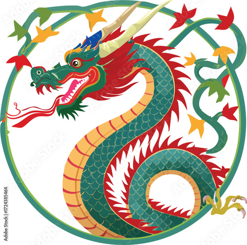 Majestic Green Dragon in Circular Vine Frame Asian Mythological Creature