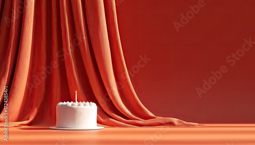 A single white cake with a lit candle, bathed in orange light, behind a draped orange curtain