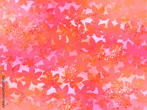 秋の紅葉のイメージの背景素材。水彩風テクスチャー。紅葉の葉っぱのシルエット。鮮やかな赤い色調。透過した光の重なりのイメージ。