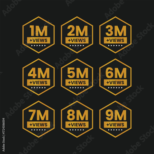 Collection of golden badges showing views count from 1 million to 9 million views