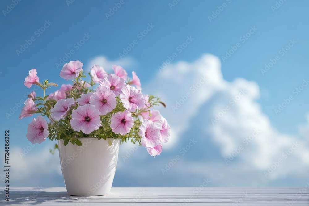 Fototapeta premium Pink flowers in a white pot against a blue sky (2)