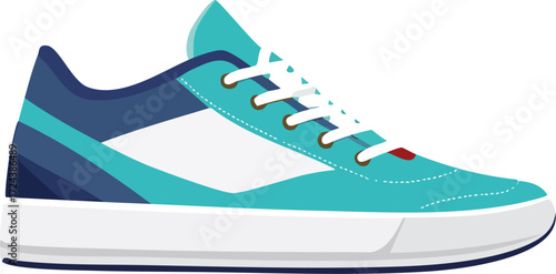 Turquoise and navy blue low-top athletic shoe with white laces and a white sole, isolated on a white background