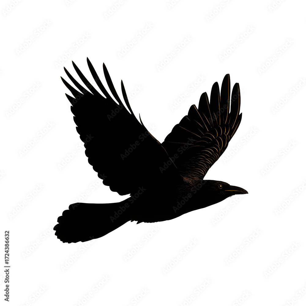 Obraz premium Silhouette of a crow in flight against a white background.