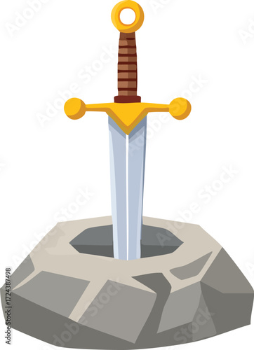 Cartoon Illustration of the Legendary Sword Excalibur Stuck Firmly in a Stone